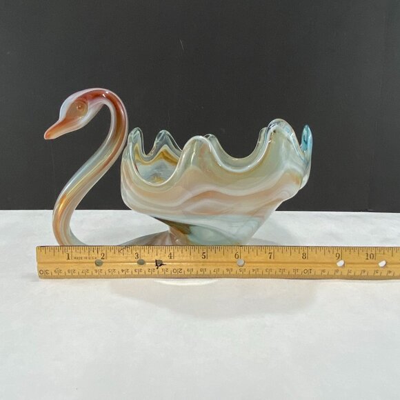 Vintage Blown Art Glass Swan Bowl Sooner Style Orange White - Picture 9 of 10